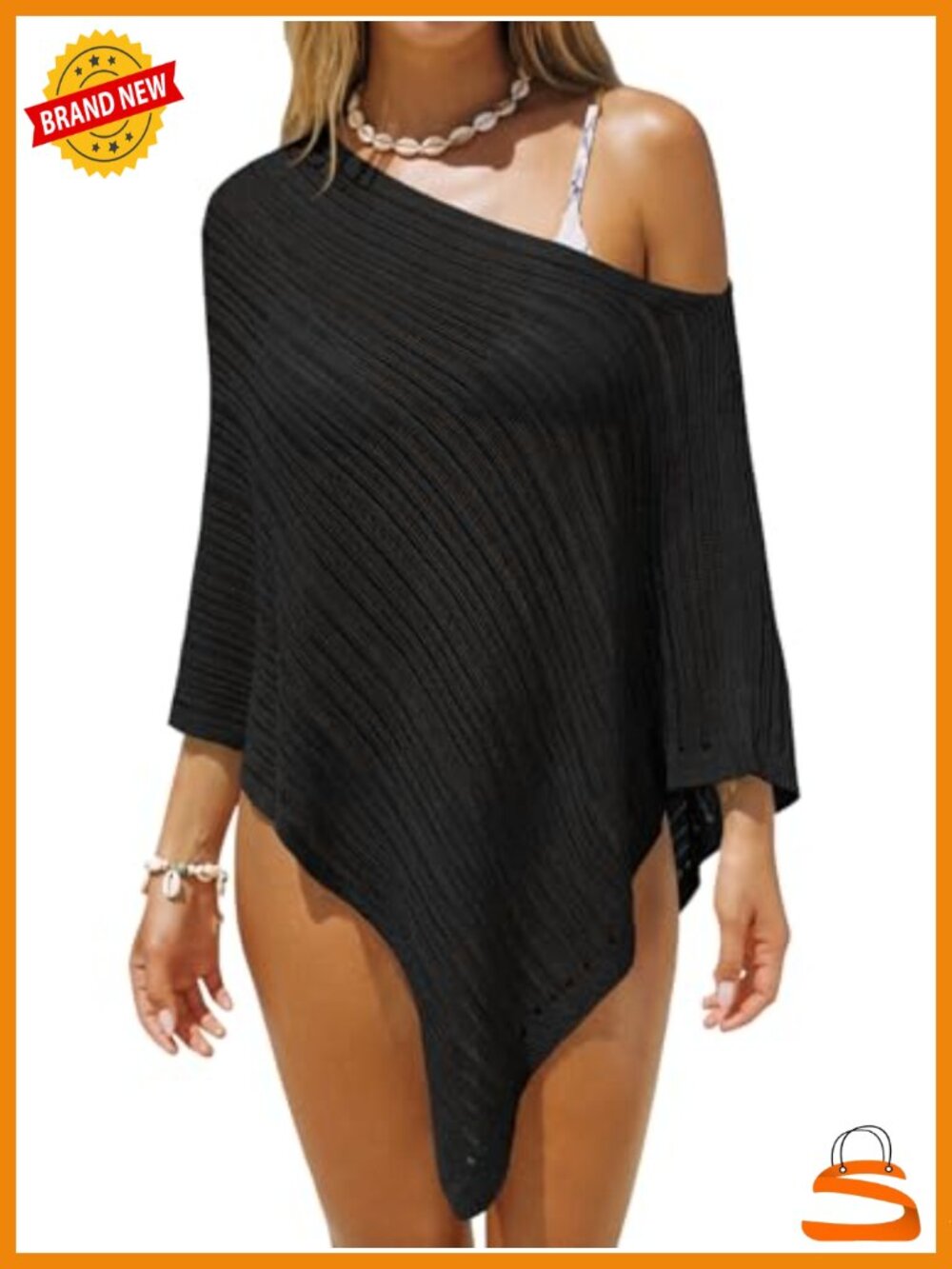 Off Shoulder Beach Cover Up Batwing Sleeve Mesh Knit Asymmetrical Cape Top